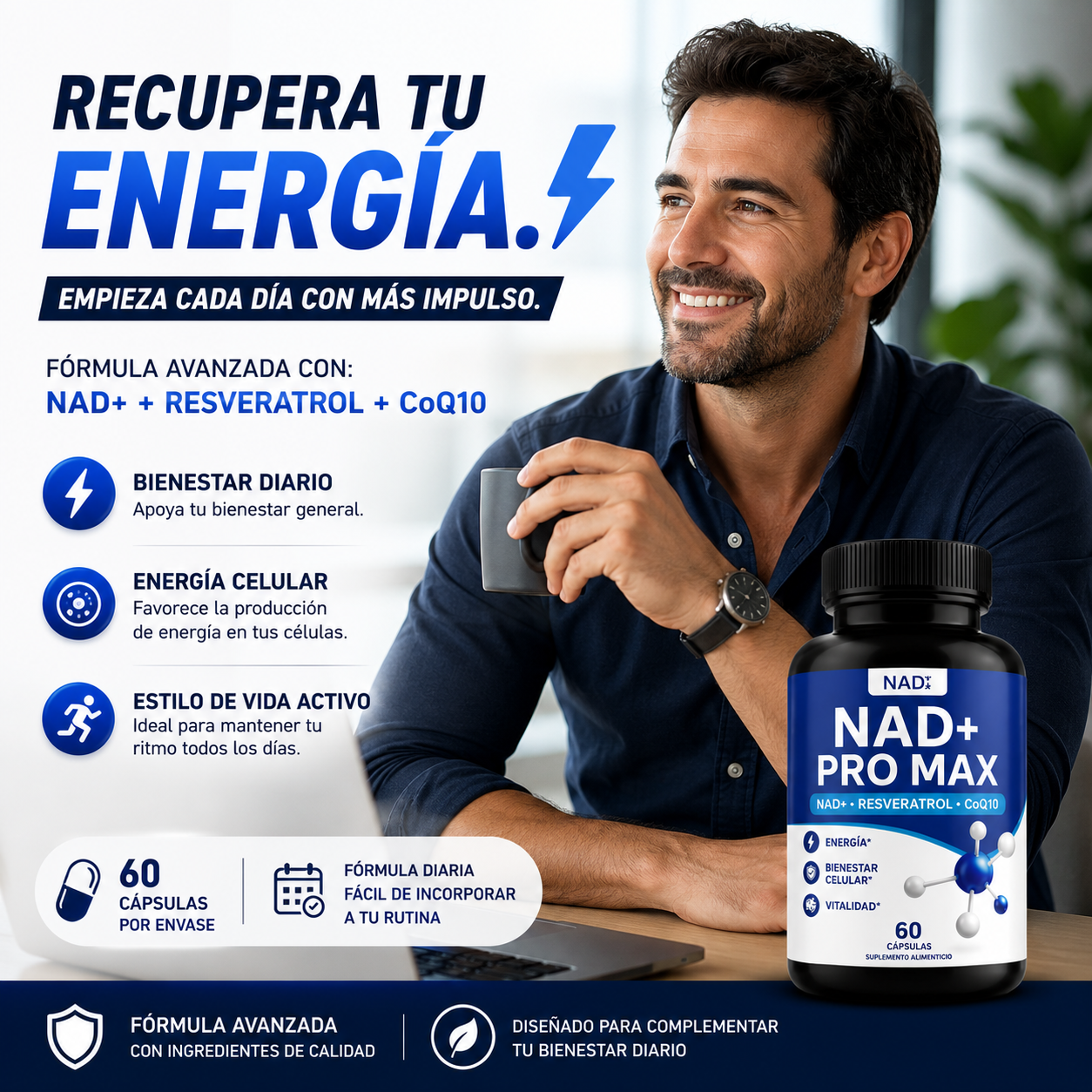 NAD+ PRO MAX® | Fórmula Avanzada con Resveratrol y CoQ10 (60 Cápsulas)