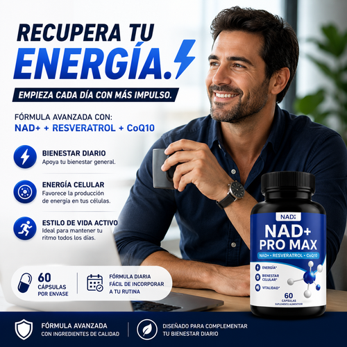 NAD+ PRO MAX® | Fórmula Avanzada con Resveratrol y CoQ10 (60 Cápsulas)