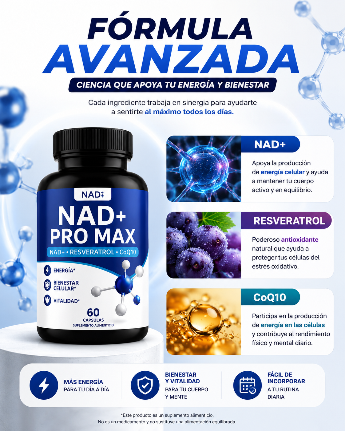 NAD+ PRO MAX® | Fórmula Avanzada con Resveratrol y CoQ10 (60 Cápsulas)