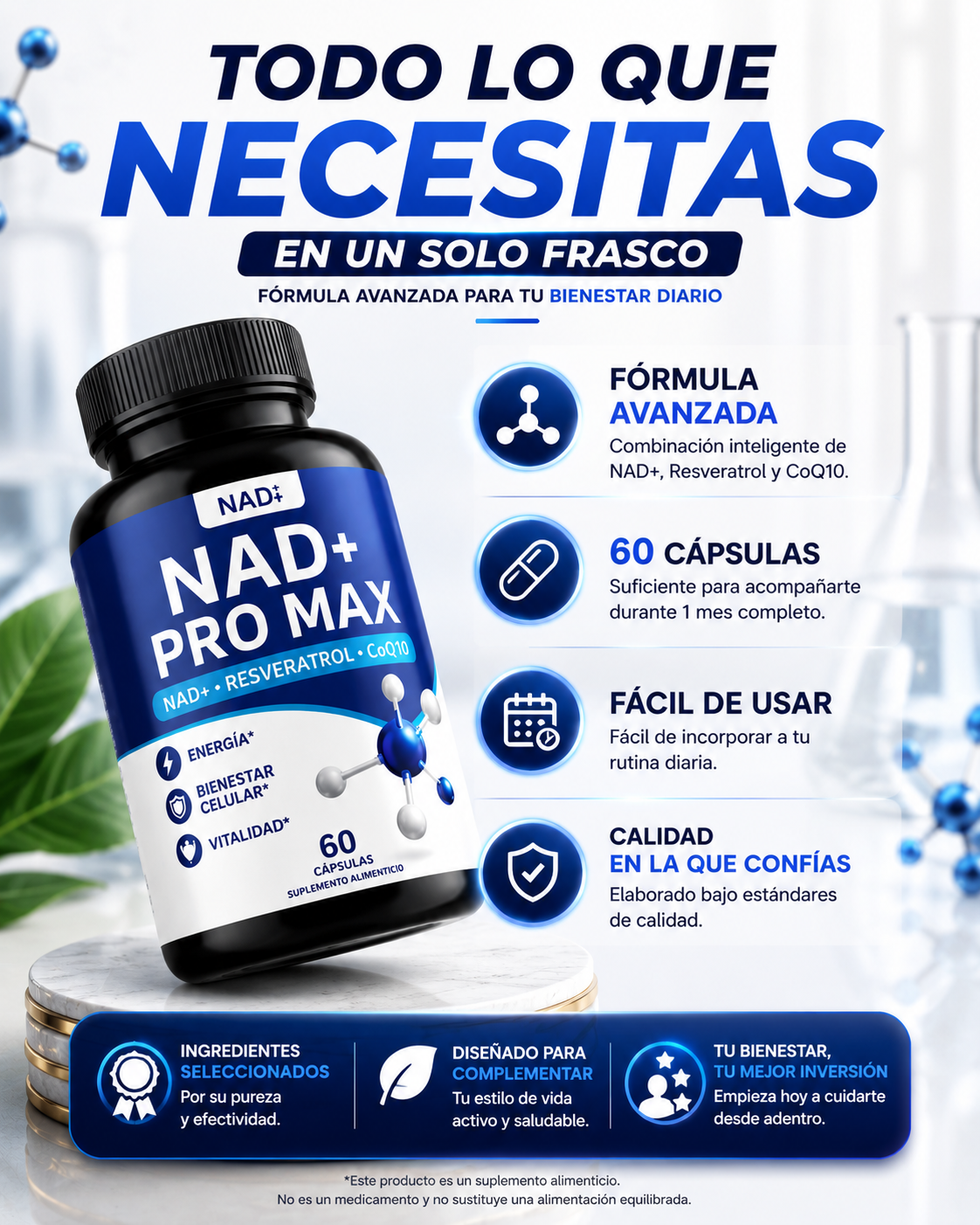 NAD+ PRO MAX® | Fórmula Avanzada con Resveratrol y CoQ10 (60 Cápsulas)